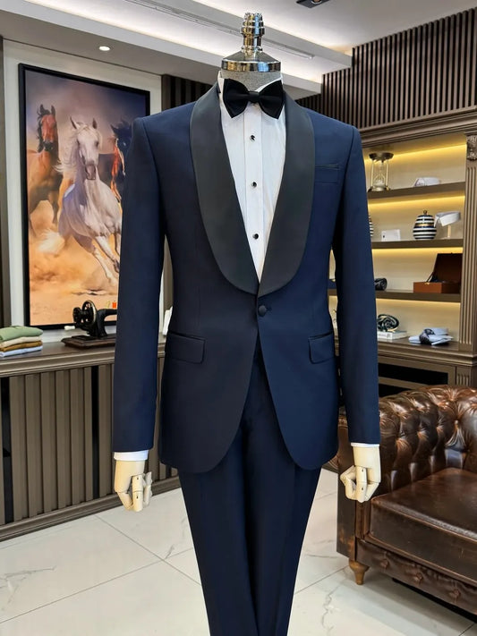 Navy Blue Shawl Lapel Tuxedo Suit for Men – Classic One-Button Wedding & Prom Suit