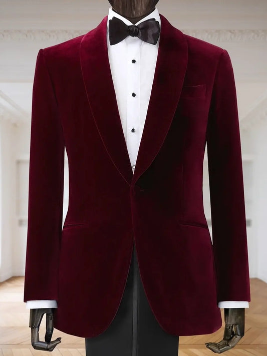 Burgundy Shawl Lapel Tuxedo Suit for Men – Classic One-Button Wedding & Prom Suit