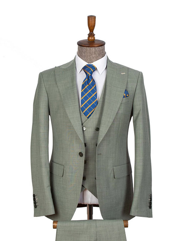 Green 3-piece 1-button Peak Lapel suit