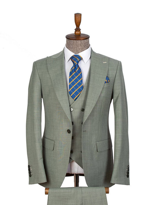 Green 3-piece 1-button Peak Lapel suit