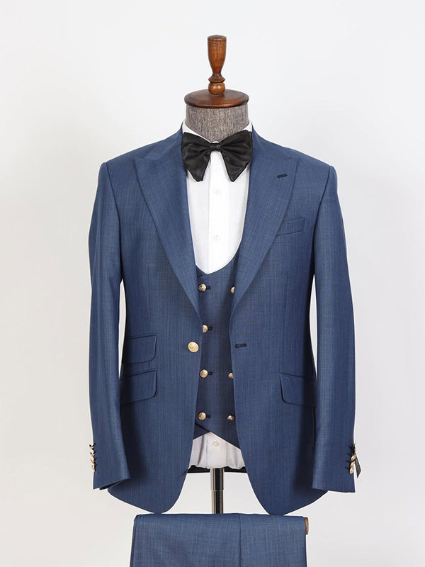 Dark blue 3-piece 1-button Peak Lapel suit