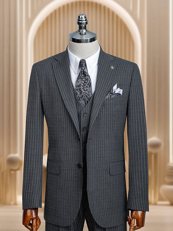 Black striped 3-piece single-breasted Notch Lapel suit