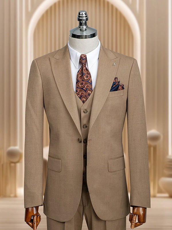 Brown 3-piece single-breasted Peak Lapel suit