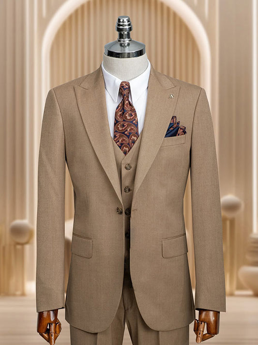 Brown 3-piece single-breasted Peak Lapel suit