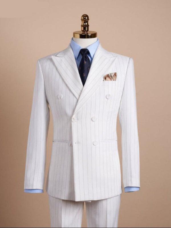 Men’s White Double-Breasted Pinstripe 2-Piece Suit