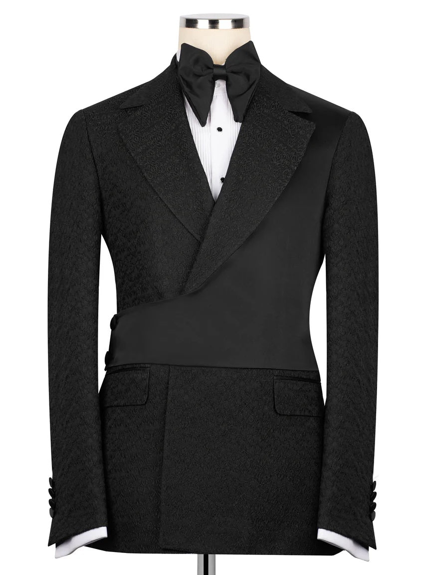 Chic Black Jacquard Peak Lapel 2-Button 2-Piece Suit