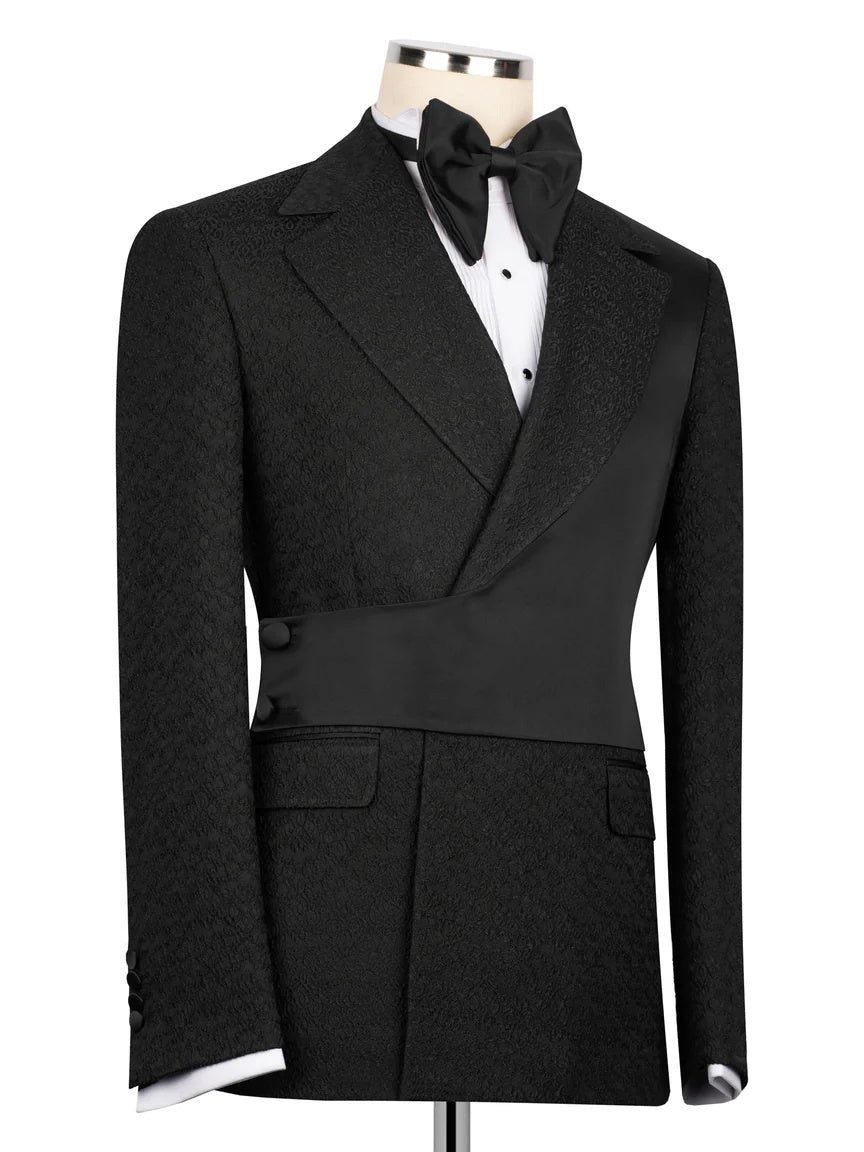 Chic Black Jacquard Peak Lapel 2-Button 2-Piece Suit