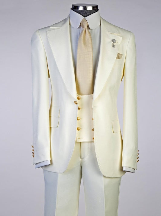 Beige 3-piece 1-button Peak Lapel suit