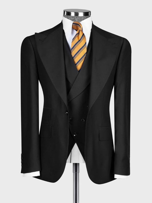 Black 3-piece 1-button Peak Lapel suit