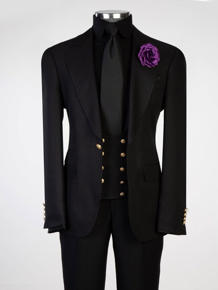 Black 3-piece 1-button Peak Lapel suit