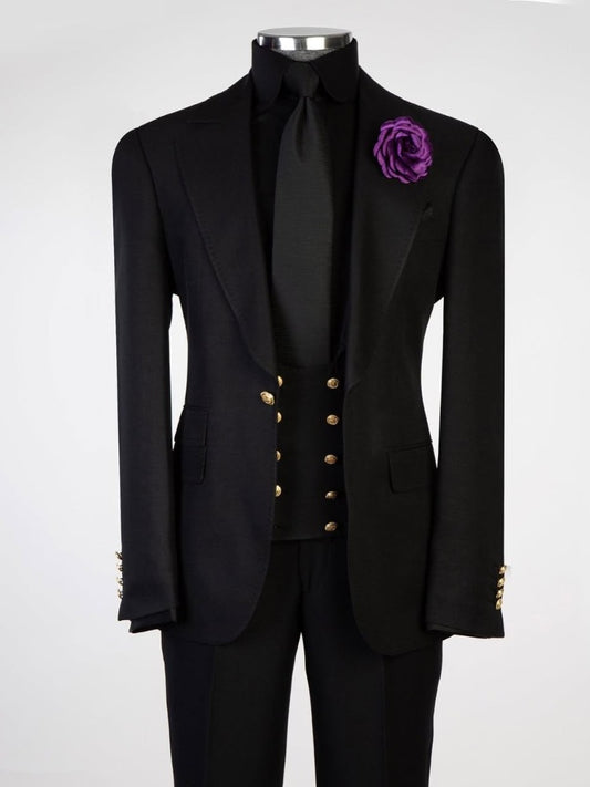 Black 3-piece 1-button Peak Lapel suit